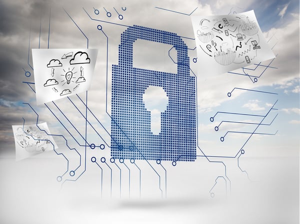 Big padlock with circuit board and drawings floating around with sky on the background-1