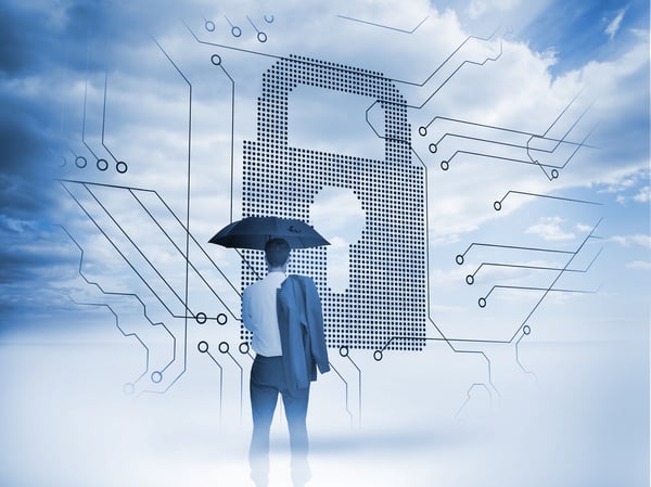 Businessman under an umbrella looking at a big padlock with circuit board and blue sky on the background