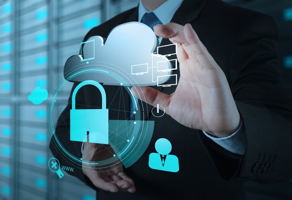 businessman hand show 3d cloud icon with padlock as Internet security online business concept